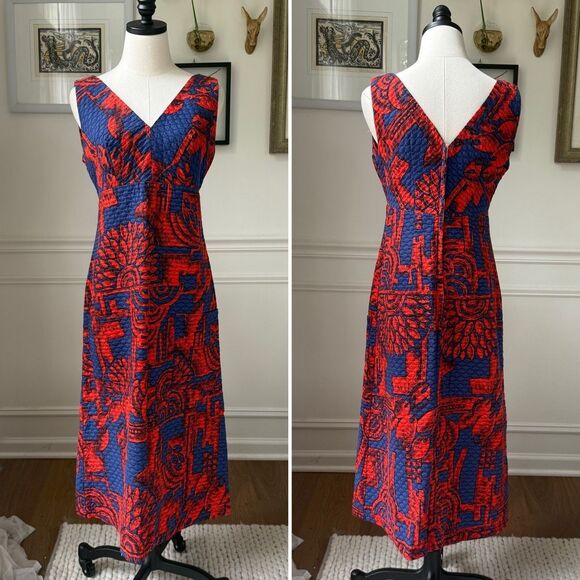 Vintage Dresses & Skirts - Vintage McInerny Hawaii 100% Cotton Tiki Print A-line Sleeveless Midi Dress Pock